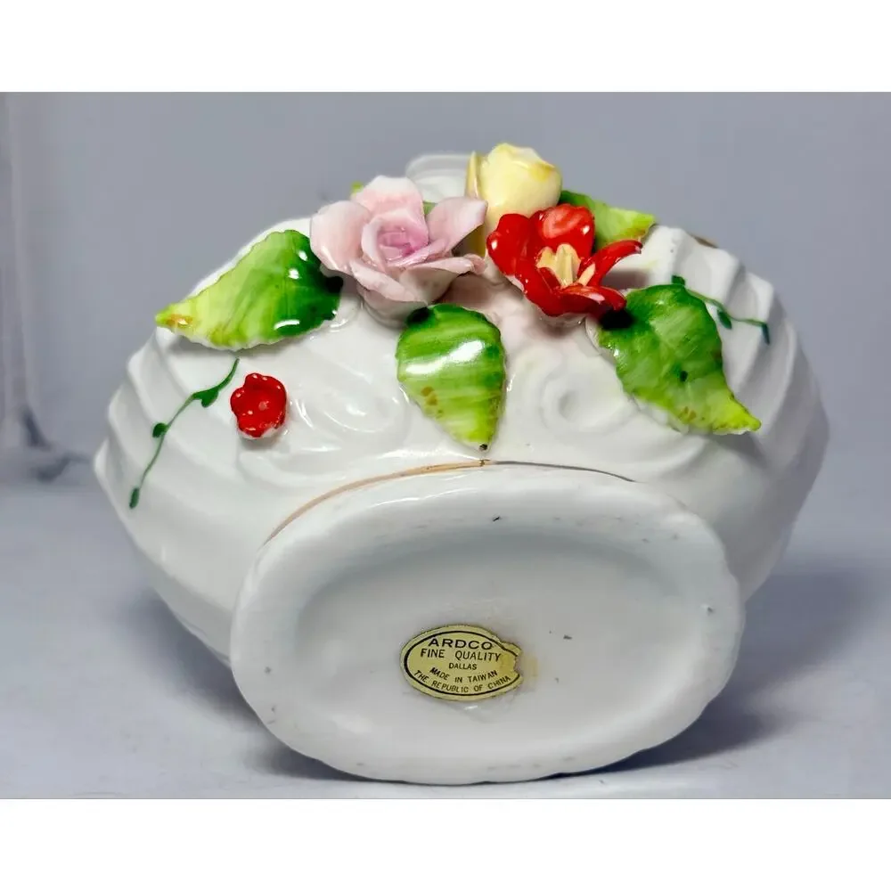 Vintage ARDCO Taiwan Porcelain Flower Basket Applied Roses Gold Trim 5 Inch